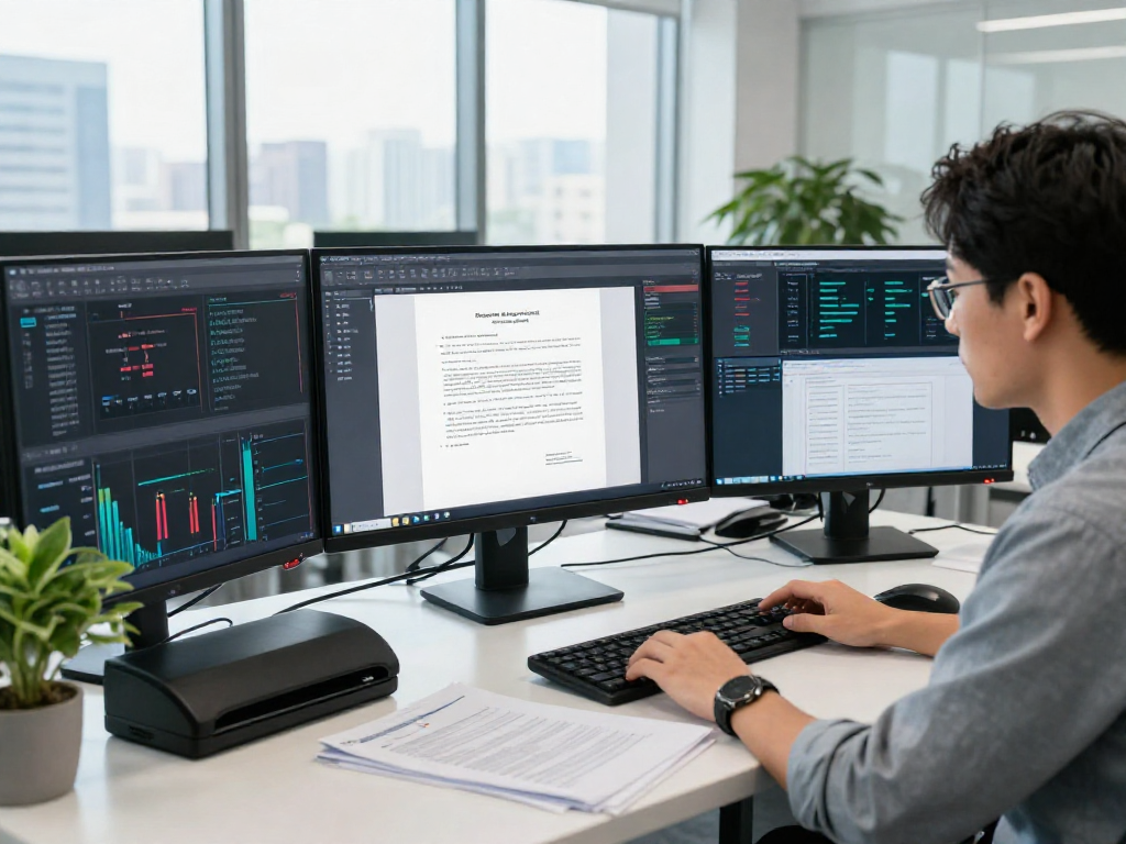 Document fraud detection workspace with analyst reviewing digital files, showcasing a high-tech environment.
