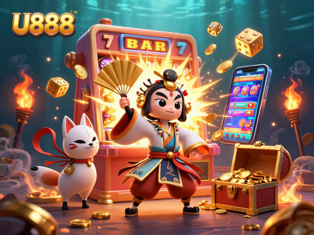 Engage with U888's vibrant 3D casino world featuring dynamic characters and exciting slot machine elements.