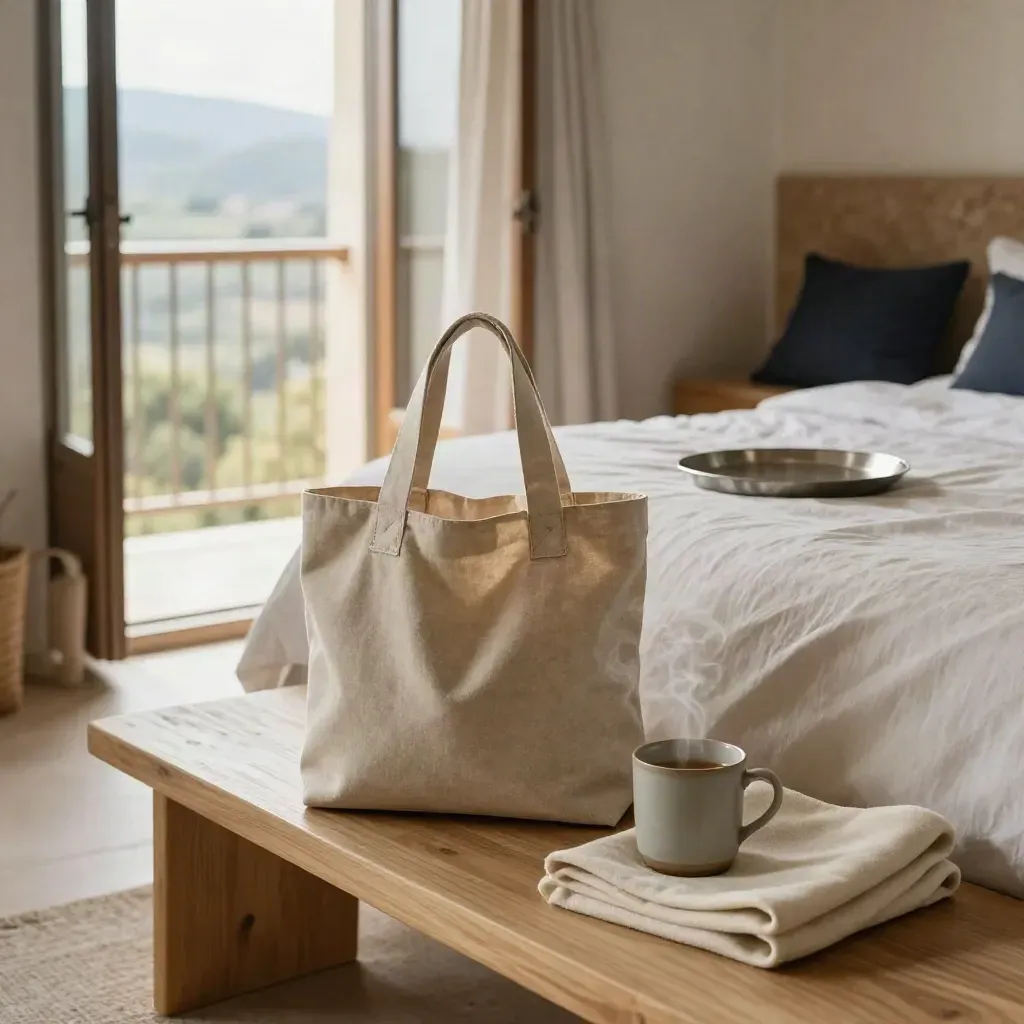 Camera con borsa in lino, tazza fumante e coperta aperta con vista valle dal balcone.