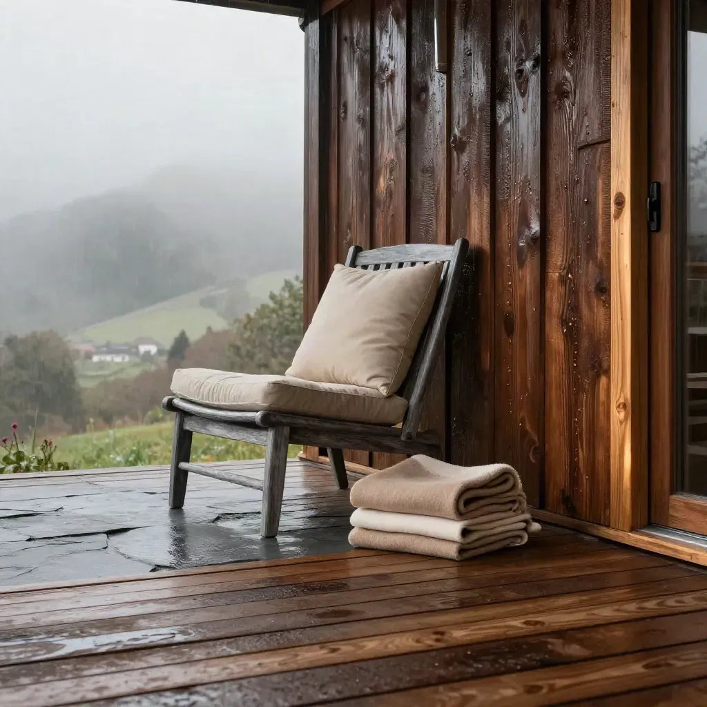 Cabina in legno bagnata dalla pioggia accanto a patio in ardesia e plaid di lana