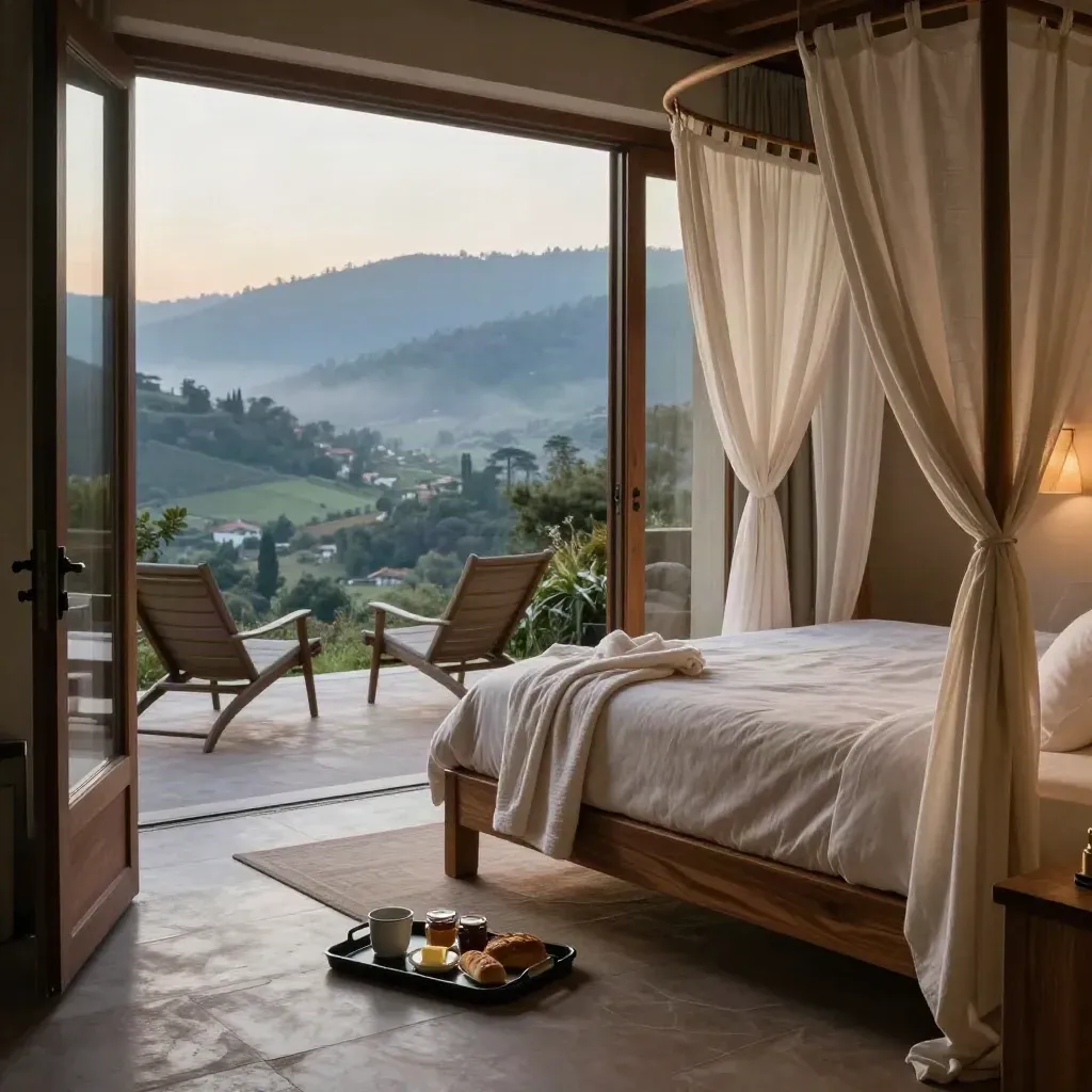 Suite panoramica con letto king, patio sulla valle, colazione locale e luce dorata dopo la pioggia