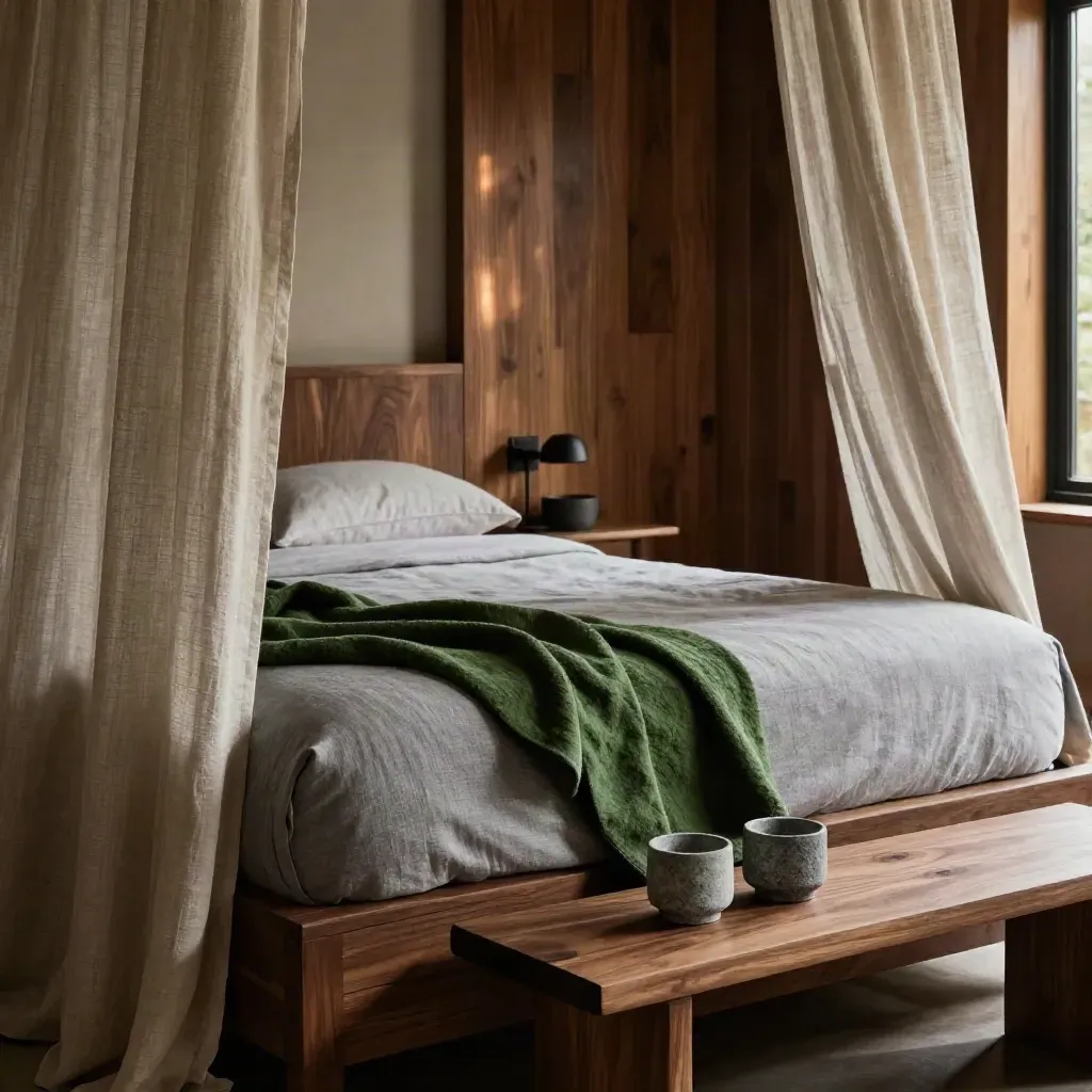 Suite Bosco: camera in legno scuro, letto king, coperta muschio e due tazze in pietra.