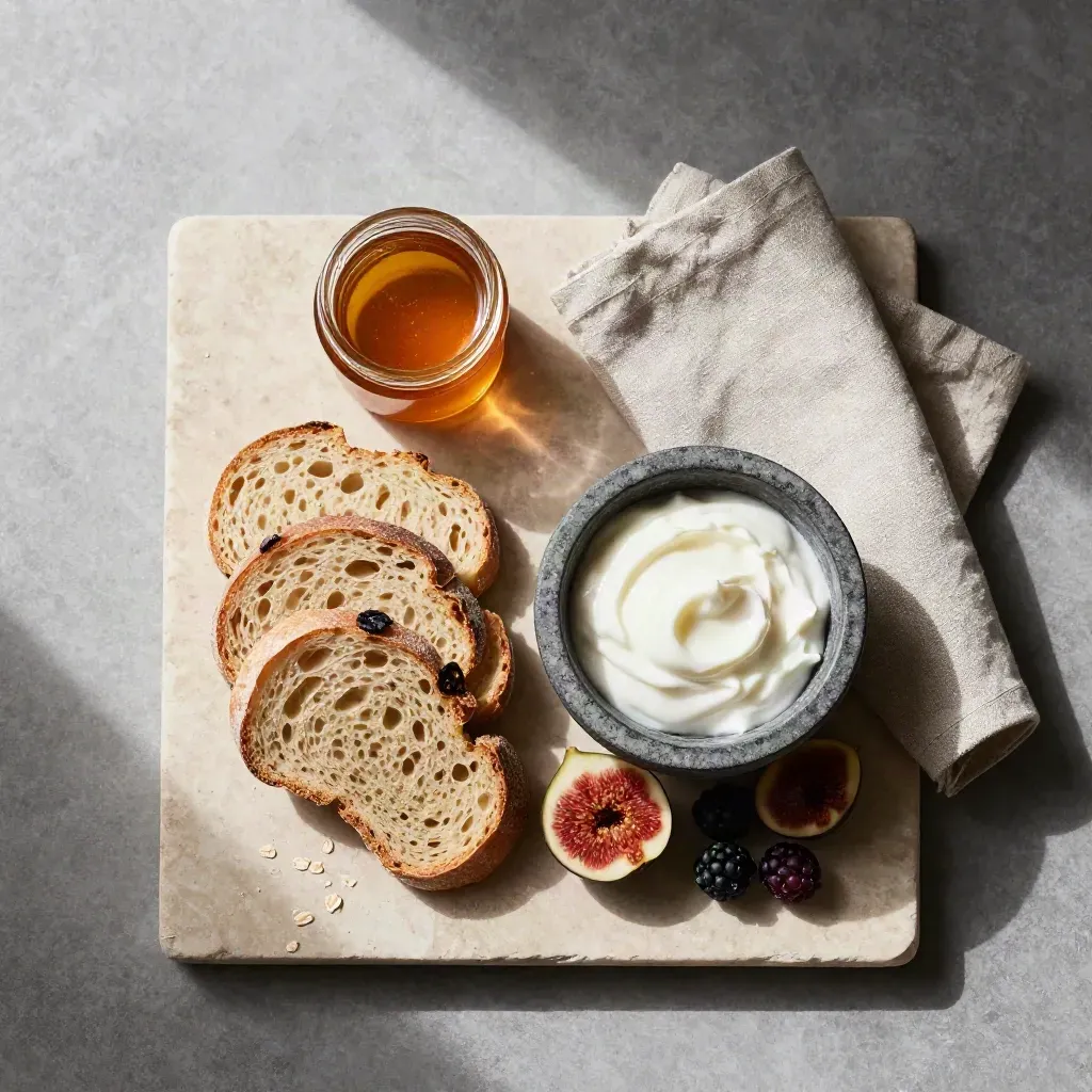 Colazione rustica su pietra con pane, miele, yogurt, fichi, frutti di bosco e lino.