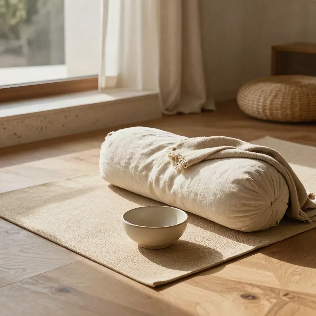 Tappetino yoga arrotolato, bolster in lino e ciotola in ceramica su pavimento in legno caldo.