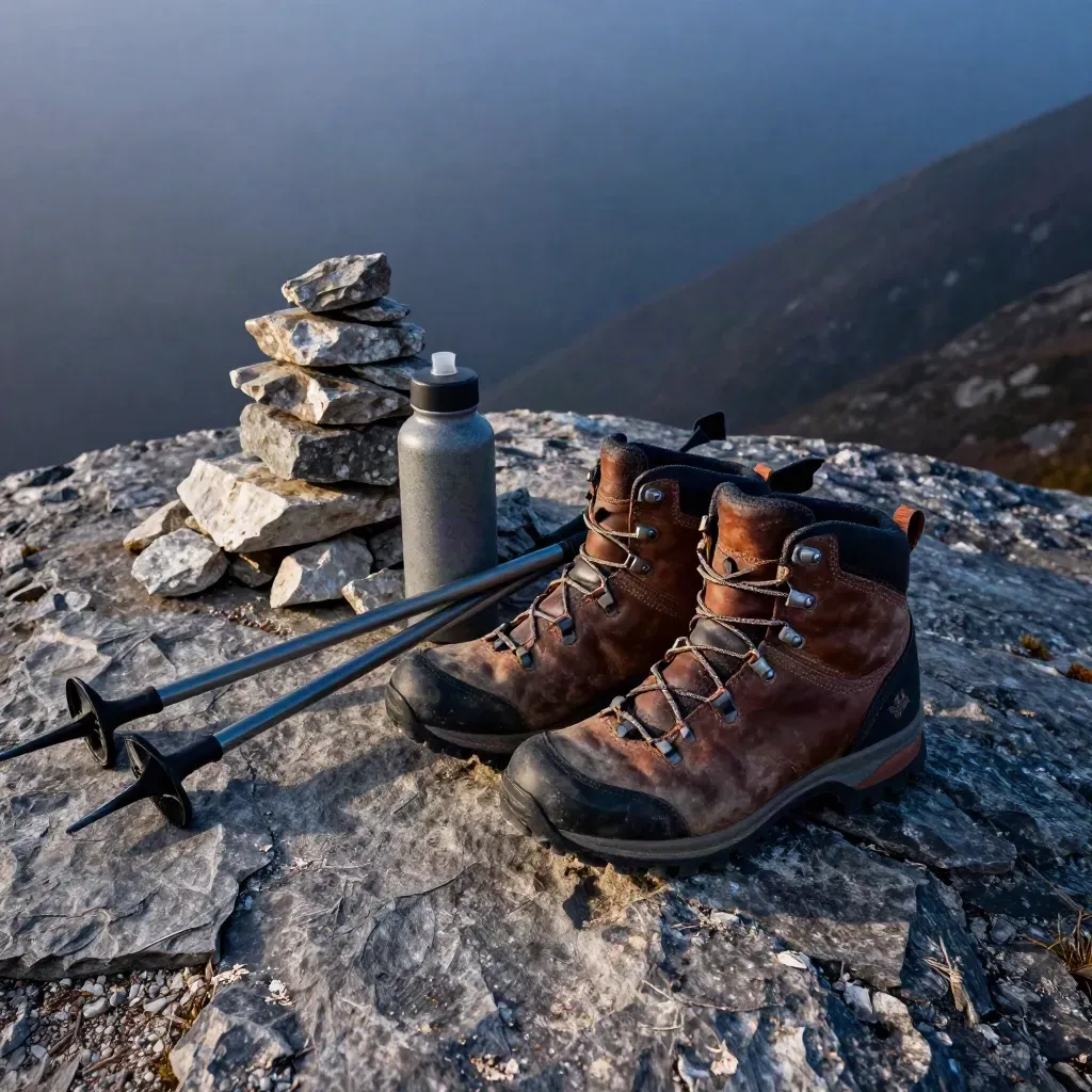 Scarponi da trekking, bastoncini, borraccia in pietra e midlayer su rocce di crinale nella nebbia.
