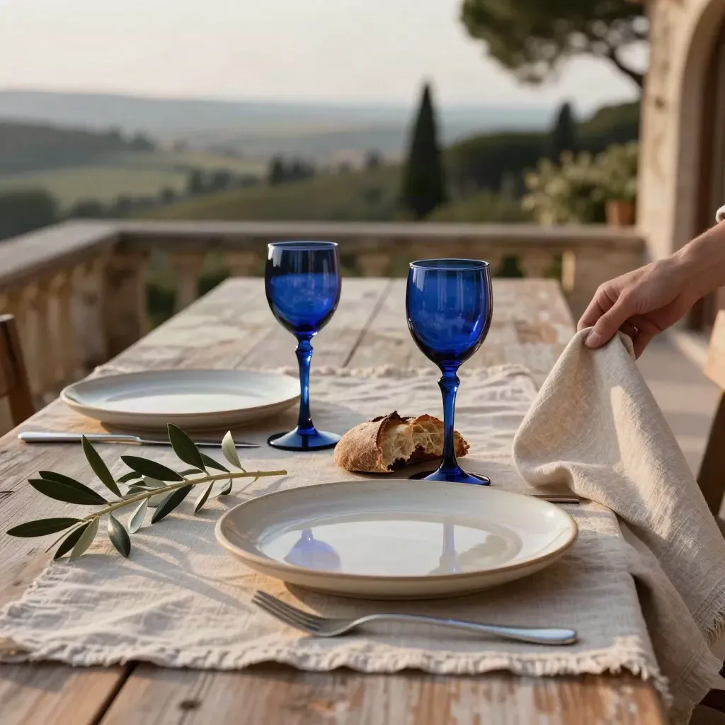 Tavola sulla terrazza con piatti in ceramica, pane, calici e rami d’ulivo al tramonto