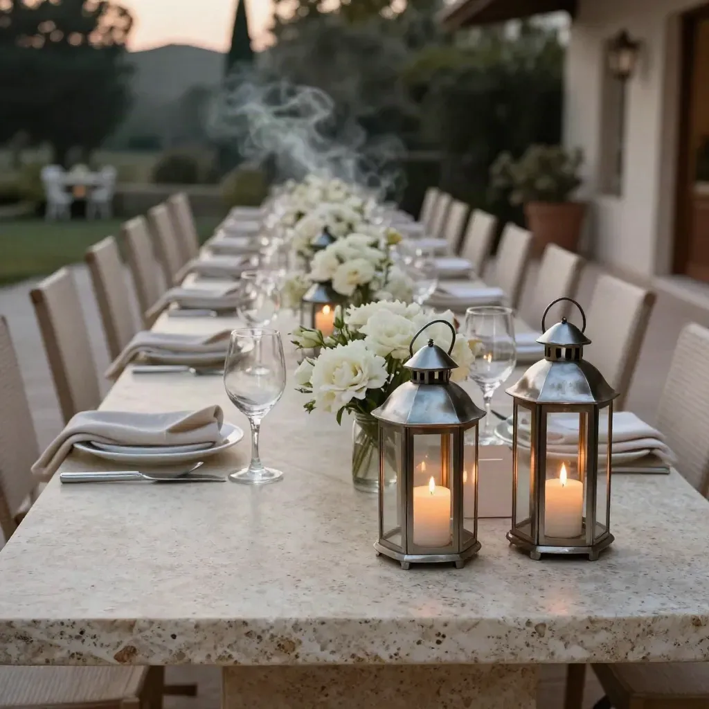 Tavola elegante su terrazza in pietra al tramonto con candele, lanterne e fiori chiari.