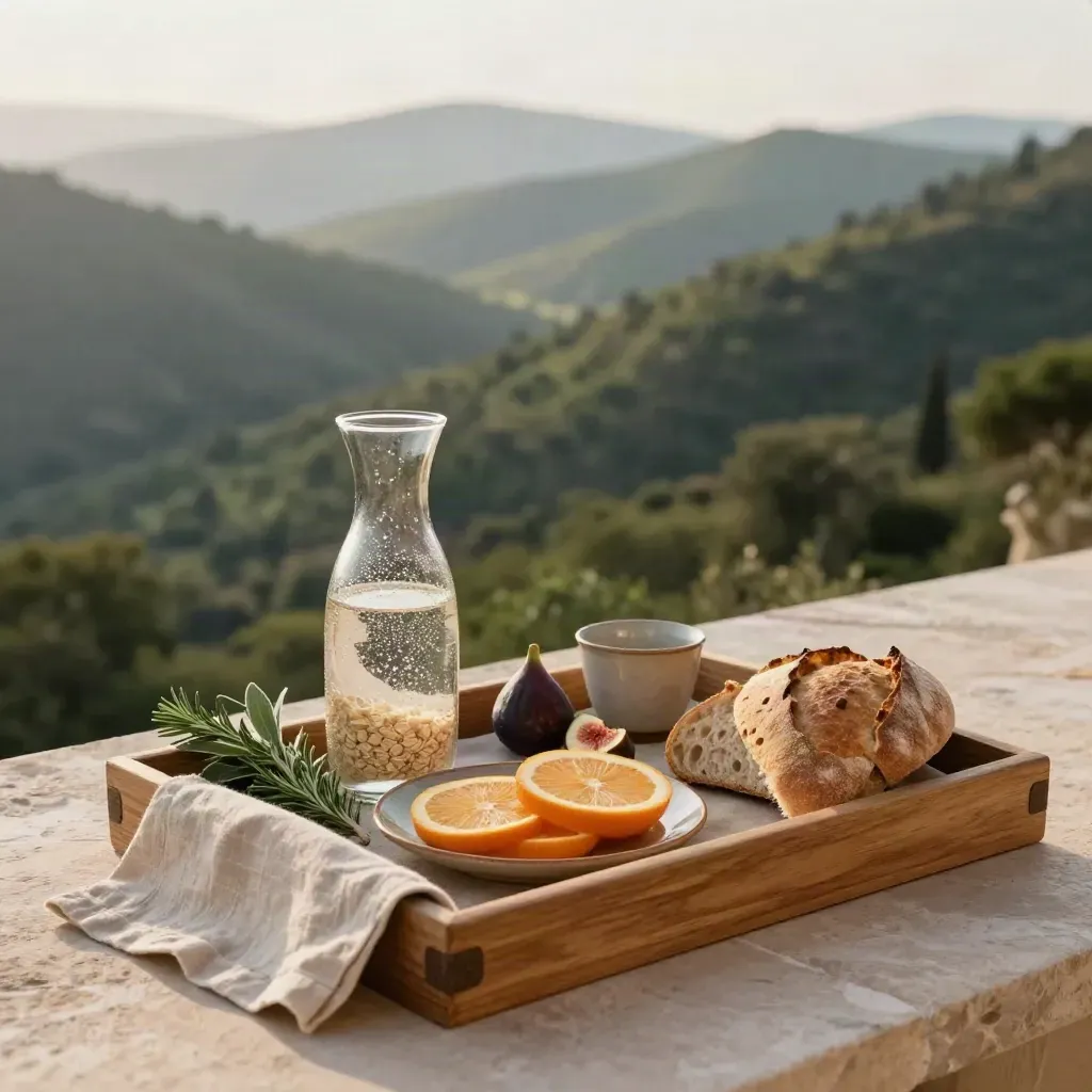 Colazione su terrazza con caraffa, agrumi ed erbe, sopra una valle verde nell'alba.