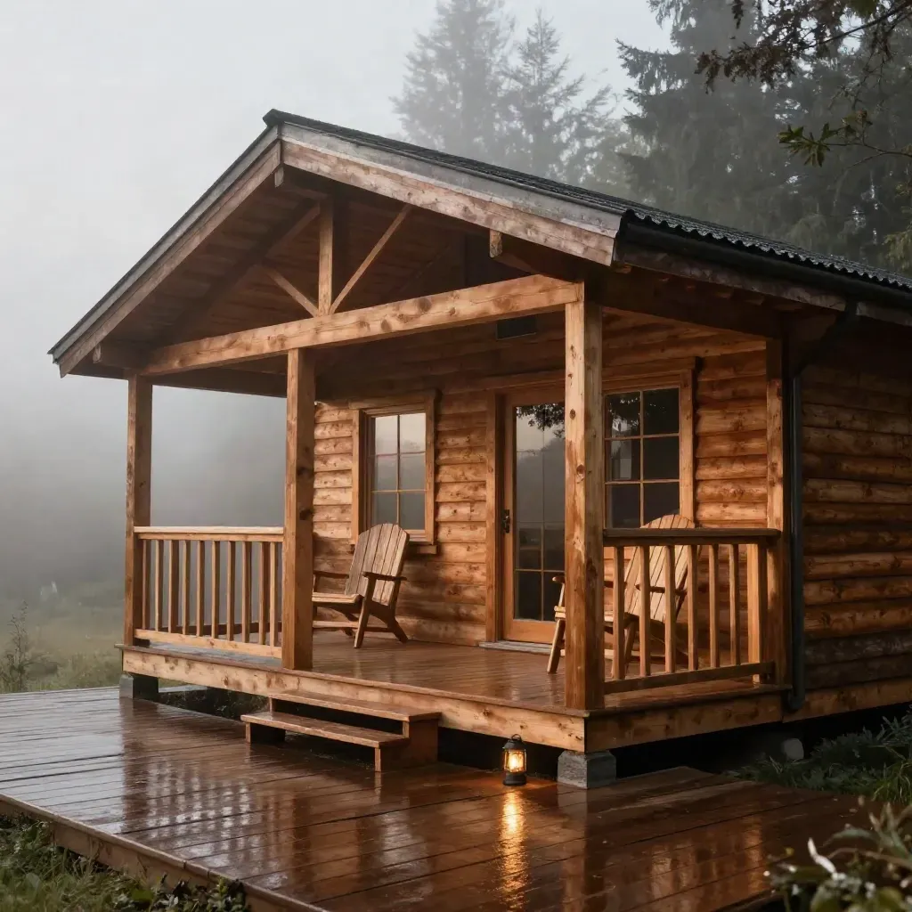 Cabina in cedro con due sedie vuote, terrazza bagnata e nebbia nel bosco