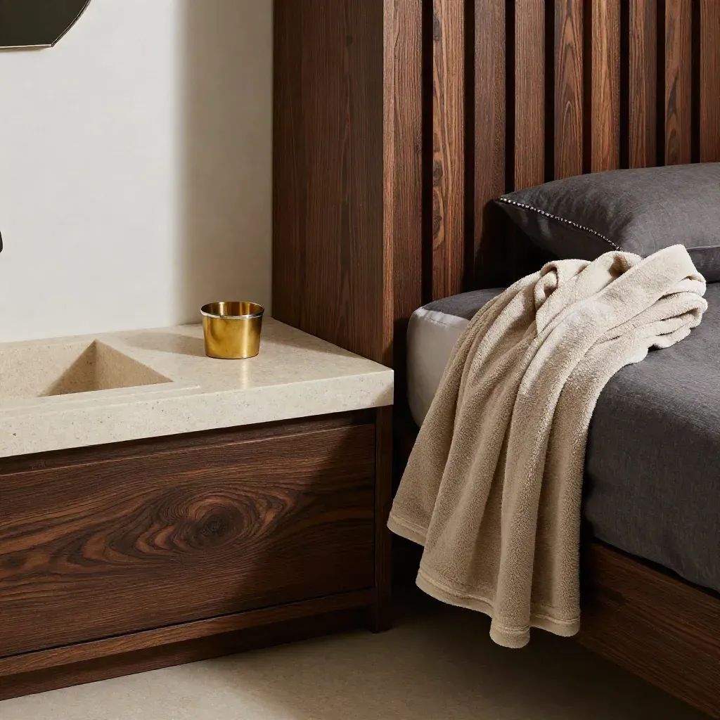 Angolo suite in legno bruciato con lino antracite, lavabo in pietra e candela d'ottone nella notte.