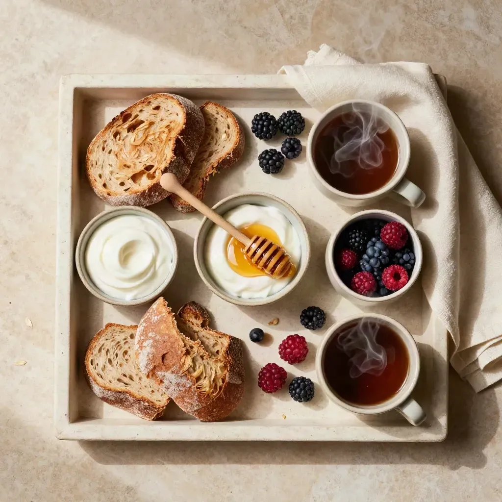 Flatlay di colazione rustica per due con pane, yogurt, miele, frutti di bosco e vapore.