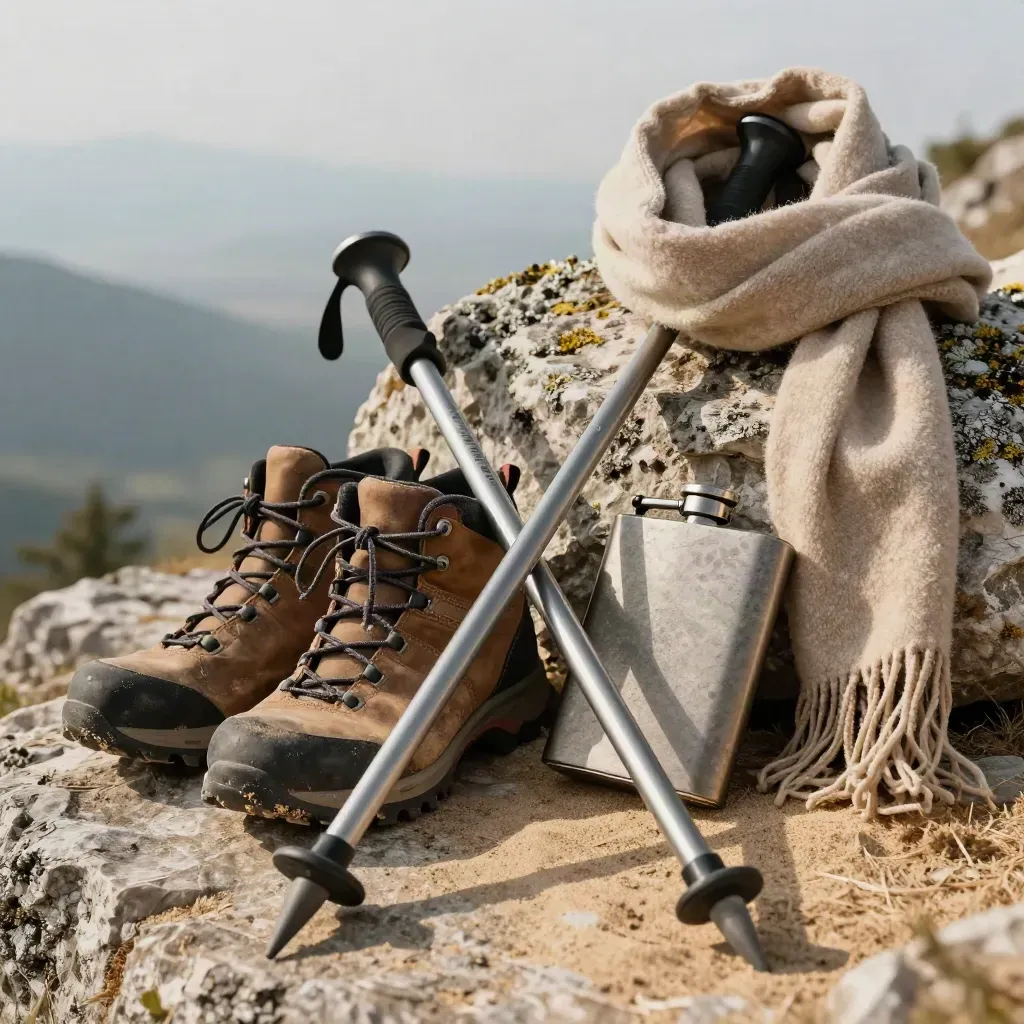 Primo piano di scarponi da trekking, bastoncini, borraccia in pietra e sciarpa su un cumulo di pietre.