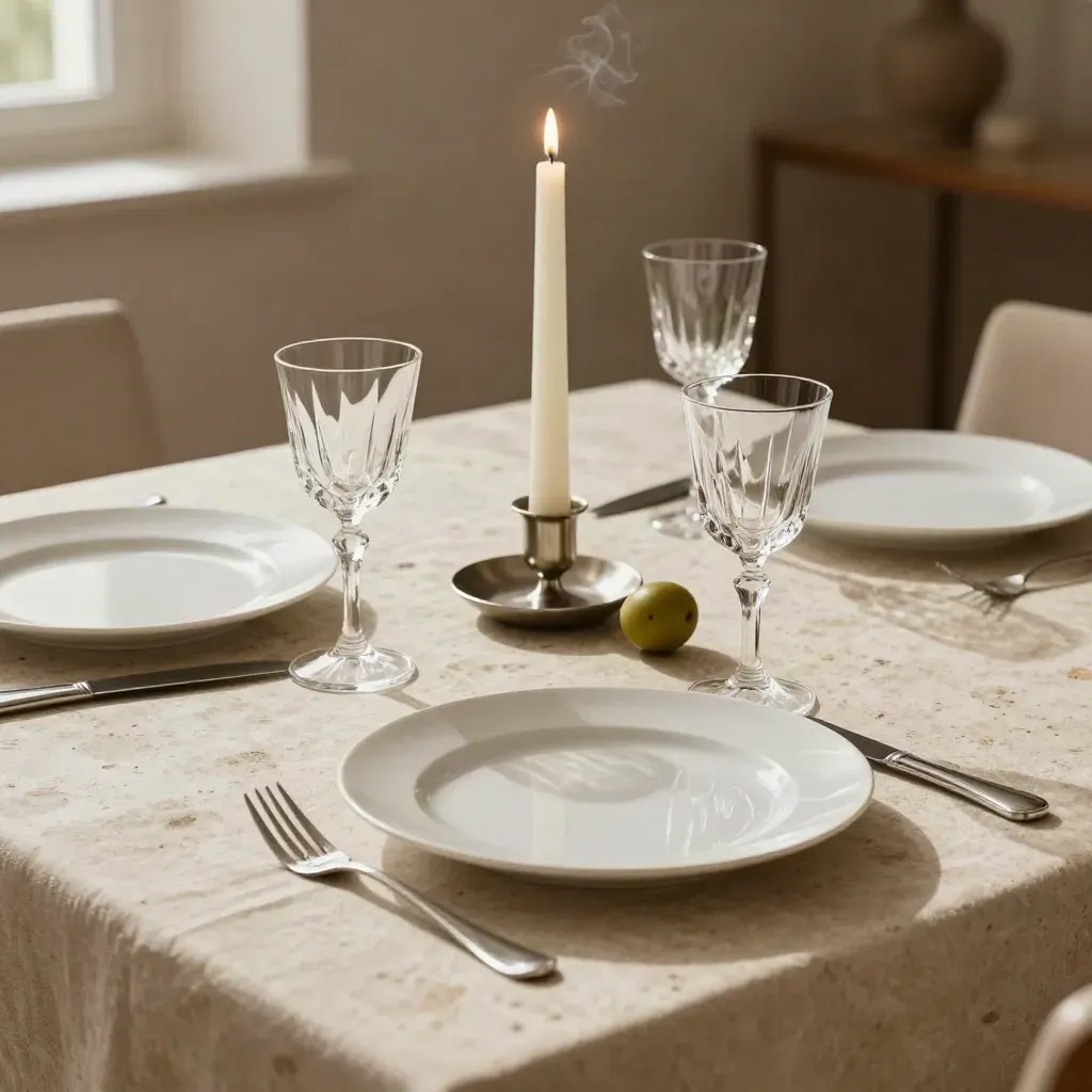 Tavola privata elegante con candele, calici e rami in luce morbida.