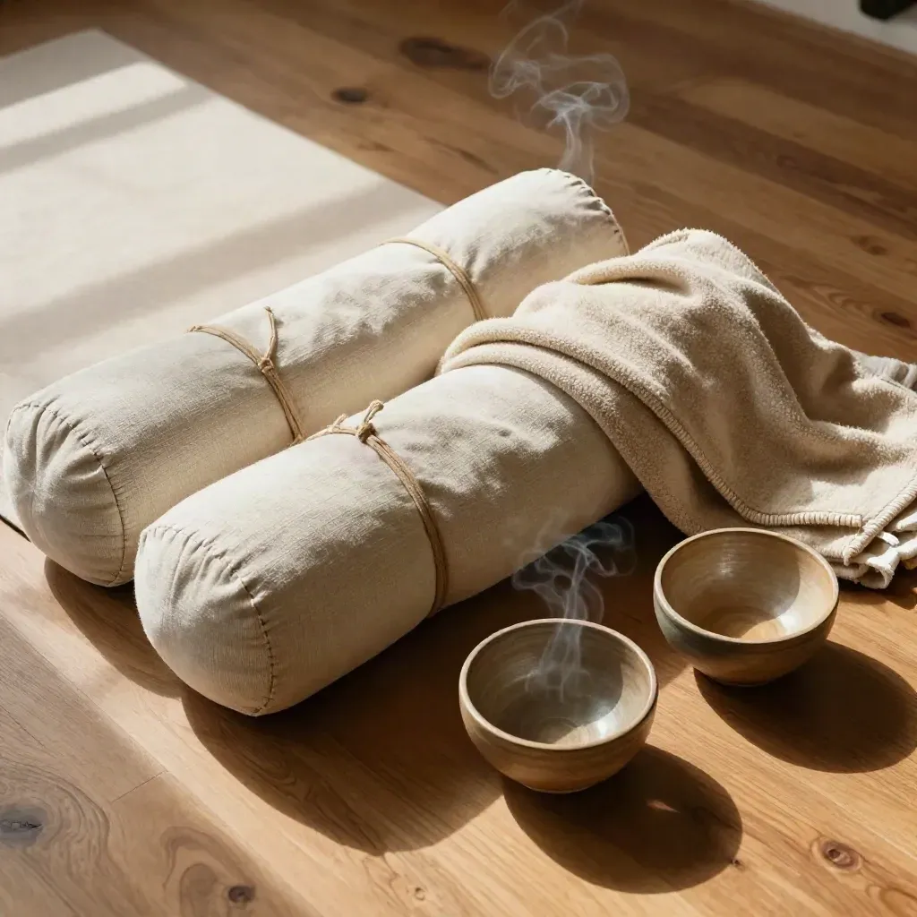 Bolster, tappetini e ciotole di ceramica su pavimento in legno, con lieve fumo d’incenso.