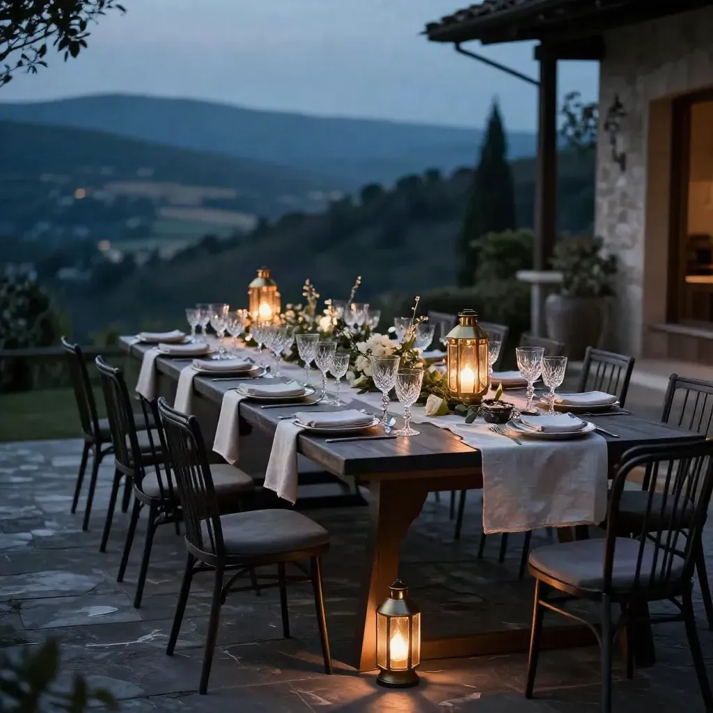 Tavola elegante per festa al tramonto con lanterne, calici e ghirlande nella valle.