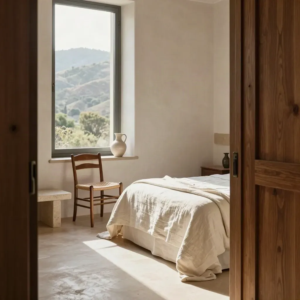 Suite luminosa con letto in lino, sedia in noce e luce di valle dalla finestra alta.