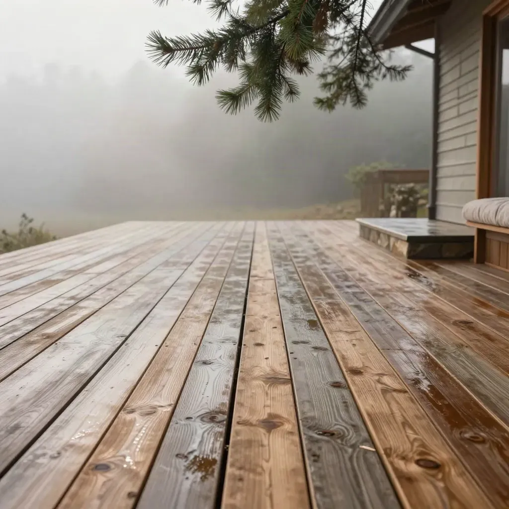 Terrazza in legno bagnata dalla pioggia con nebbia e cabina sfocata sullo sfondo