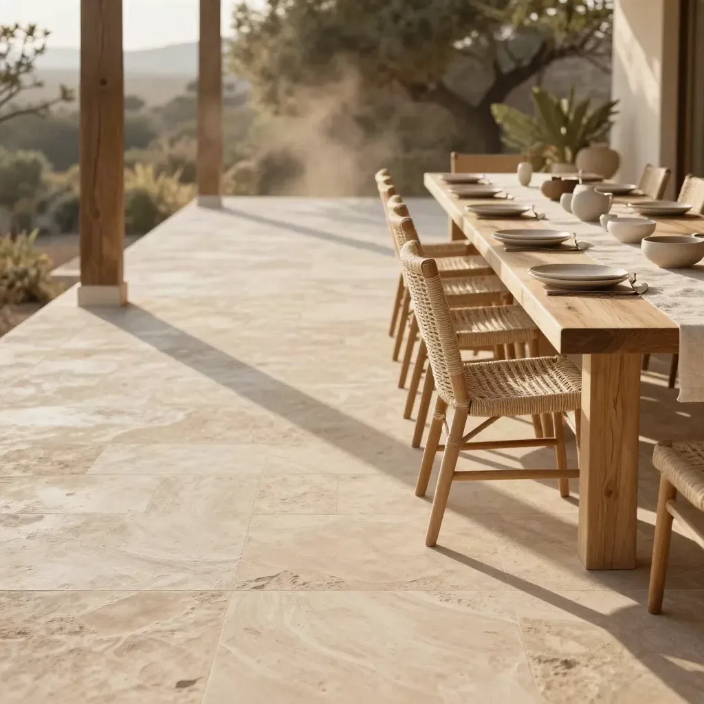 Pergolato in legno e terrazza in pietra con tavolo lungo al tramonto, spazio vuoto per il testo.