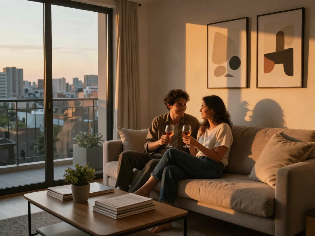 Cozy living room of a stylish discreet apartment featuring a couple enjoying wine amidst chic decor.