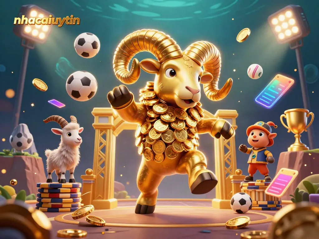 Experience thrilling moments at nhacaiuytin with a dynamic 3D scene of sports betting excitement and golden rewards.